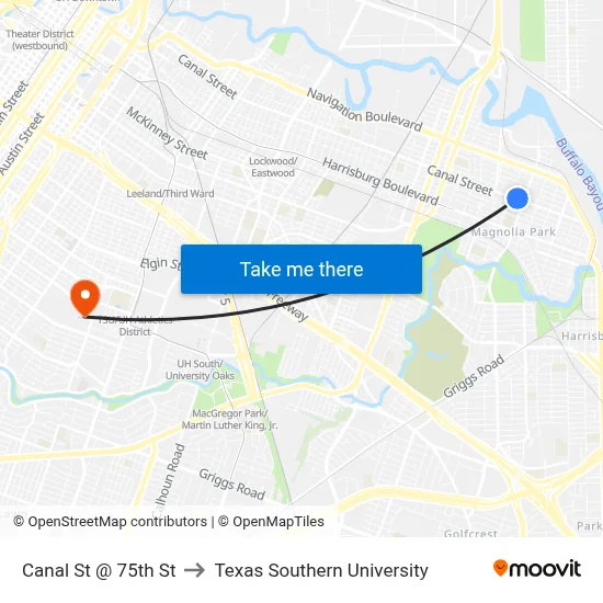 Canal St @ 75th St to Texas Southern University map