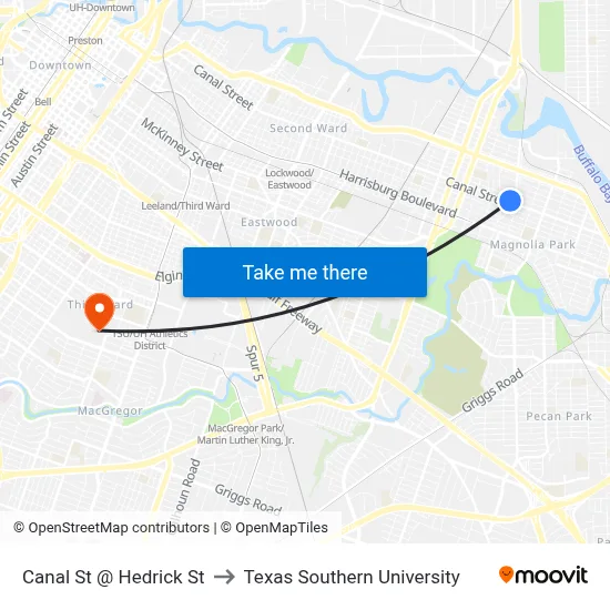 Canal St @ Hedrick St to Texas Southern University map