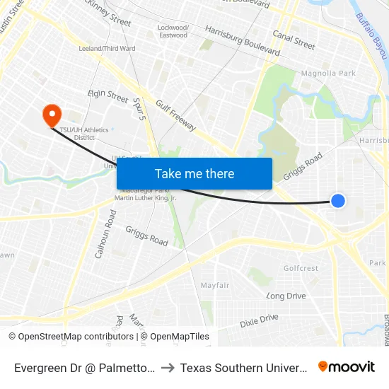Evergreen Dr @ Palmetto St to Texas Southern University map