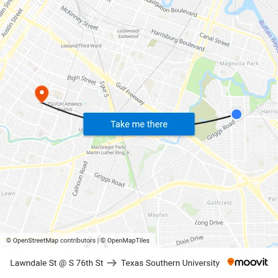 Lawndale St @ S 76th St to Texas Southern University map