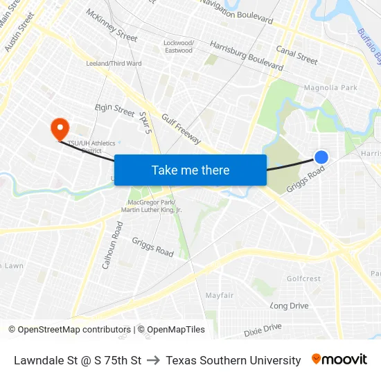 Lawndale St @ S 75th St to Texas Southern University map