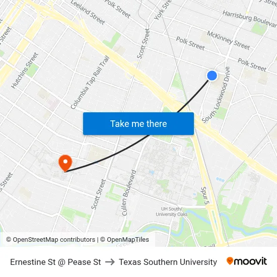 Ernestine St @ Pease St to Texas Southern University map