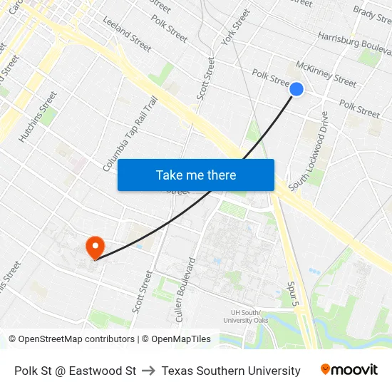Polk St @ Eastwood St to Texas Southern University map