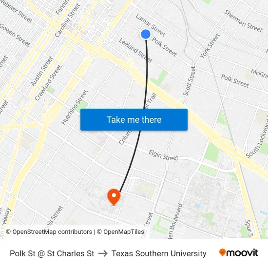 Polk St @ St Charles St to Texas Southern University map