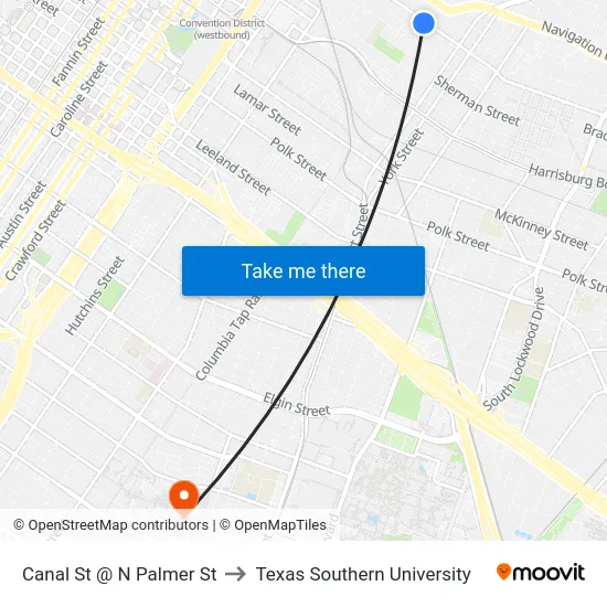 Canal St @ N Palmer St to Texas Southern University map