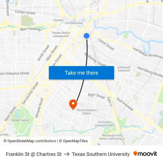 Franklin St @ Chartres St to Texas Southern University map