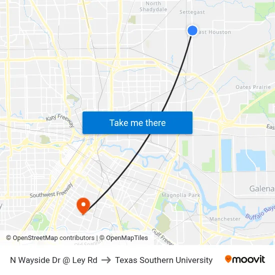 N Wayside Dr @ Ley Rd to Texas Southern University map