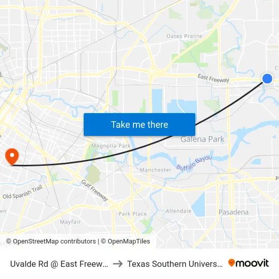 Uvalde Rd @ East Freeway to Texas Southern University map