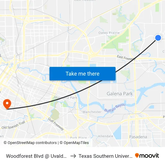 Woodforest Blvd @ Uvalde Rd to Texas Southern University map