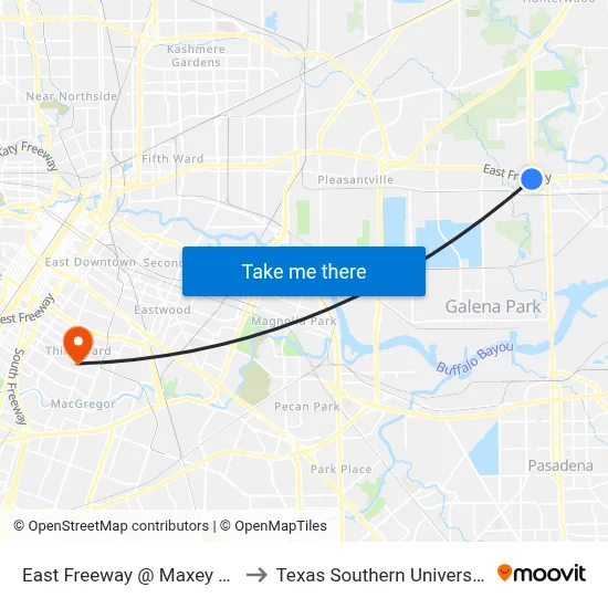 East Freeway @ Maxey Rd to Texas Southern University map