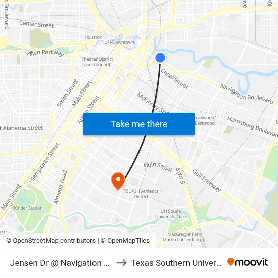 Jensen Dr @ Navigation Blvd to Texas Southern University map