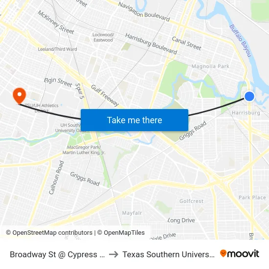 Broadway St @ Cypress St to Texas Southern University map