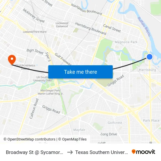 Broadway St @ Sycamore St to Texas Southern University map
