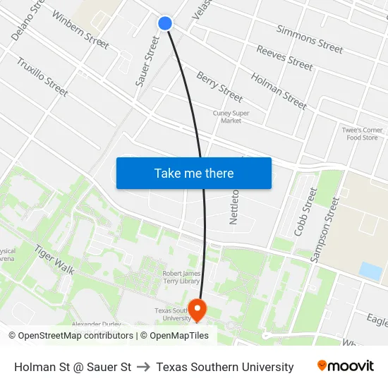 Holman St @ Sauer St to Texas Southern University map
