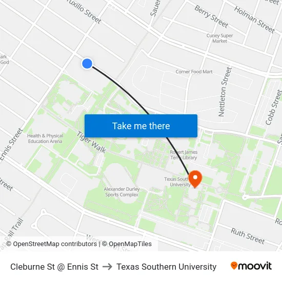 Cleburne St @ Ennis St to Texas Southern University map