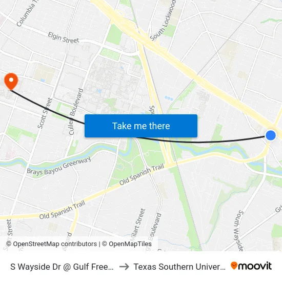 S Wayside Dr @ Gulf Freeway to Texas Southern University map