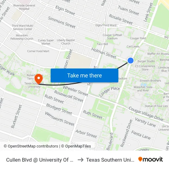 Cullen Blvd @ University Of Houston to Texas Southern University map