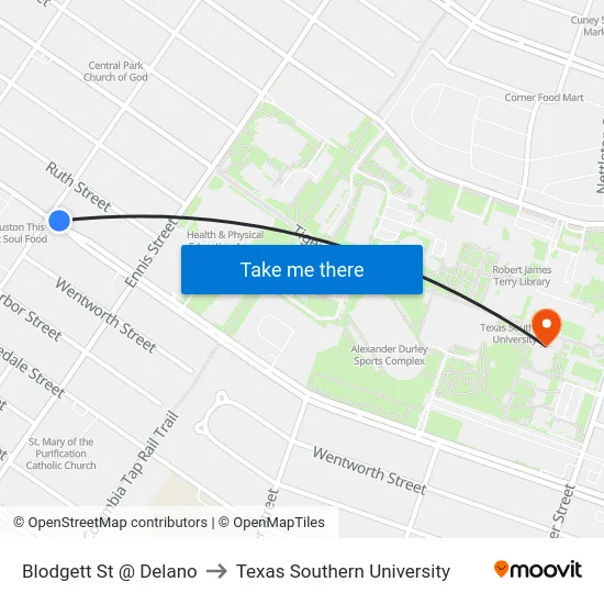 Blodgett St @ Delano to Texas Southern University map