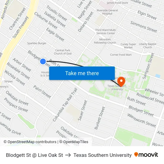 Blodgett St @ Live Oak St to Texas Southern University map