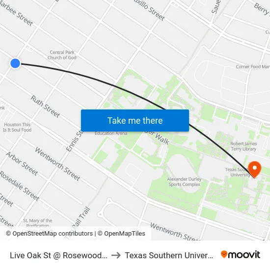 Live Oak St @ Rosewood St to Texas Southern University map
