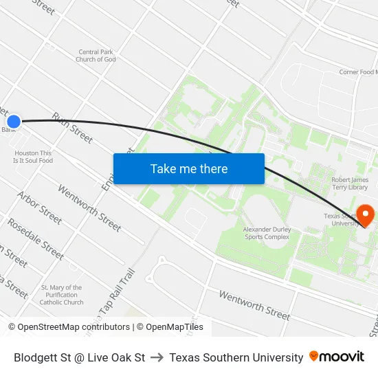 Blodgett St @ Live Oak St to Texas Southern University map
