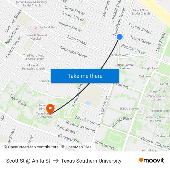 Scott St @ Anita St to Texas Southern University map