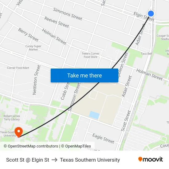 Scott St @ Elgin St to Texas Southern University map