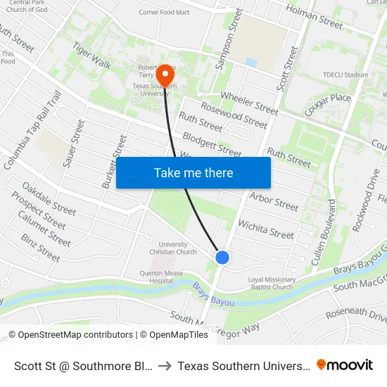Scott St @ Southmore Blvd to Texas Southern University map