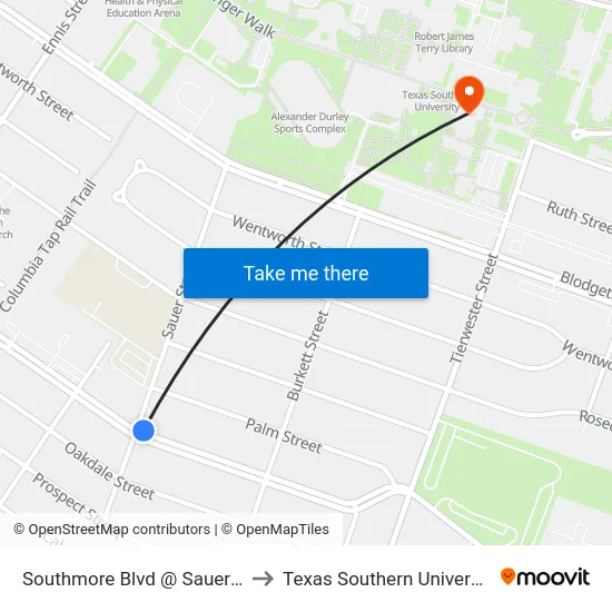 Southmore Blvd @ Sauer St to Texas Southern University map