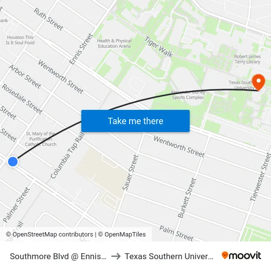 Southmore Blvd @ Ennis St to Texas Southern University map
