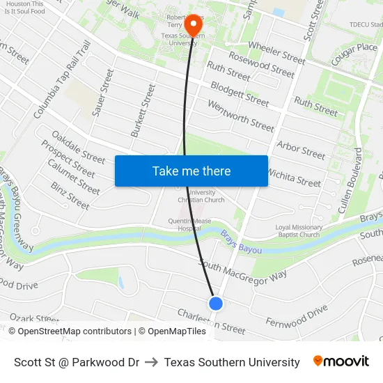 Scott St @ Parkwood Dr to Texas Southern University map