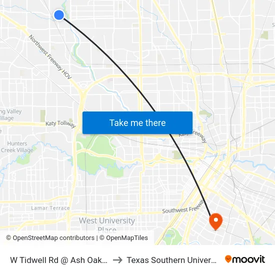W Tidwell Rd @ Ash Oak Dr to Texas Southern University map