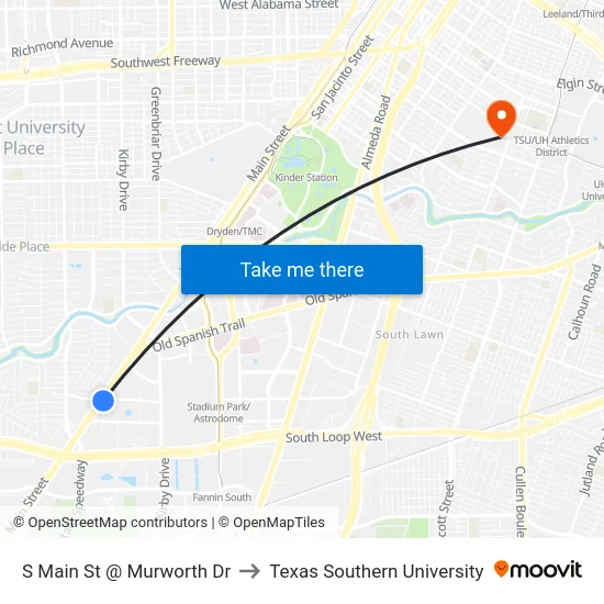 S Main St @ Murworth Dr to Texas Southern University map