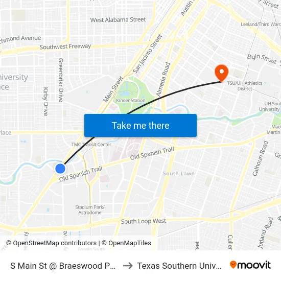 S Main St @ Braeswood Park Dr to Texas Southern University map
