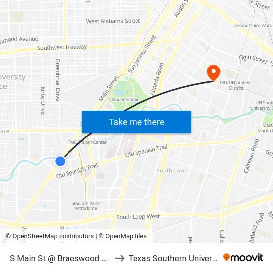 S Main St @ Braeswood Blvd to Texas Southern University map