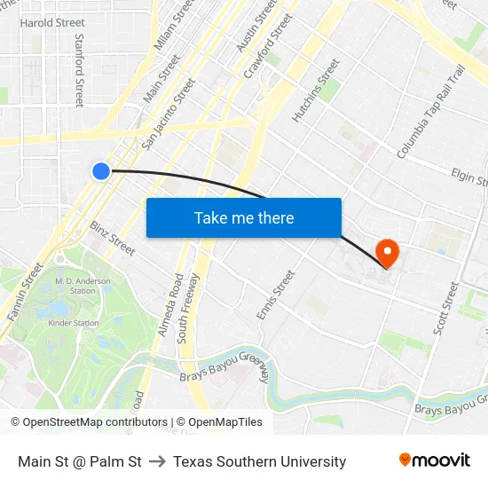 Main St @ Palm St to Texas Southern University map