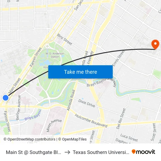 Main St @ Southgate Blvd to Texas Southern University map