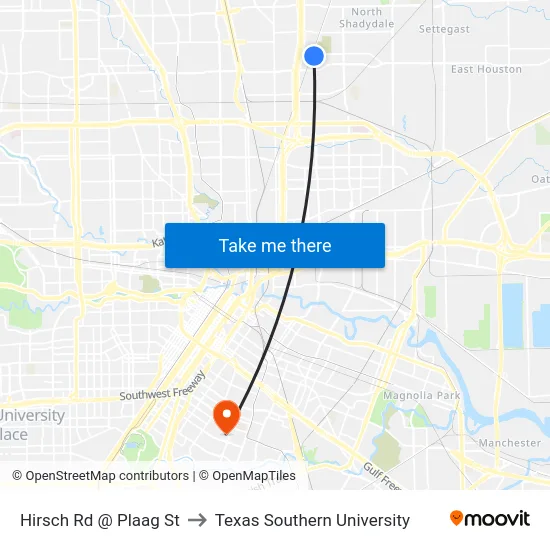 Hirsch Rd @ Plaag St to Texas Southern University map
