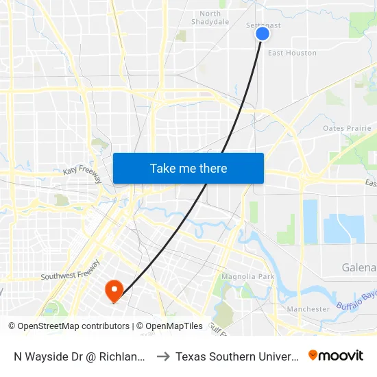 N Wayside Dr @ Richland Dr to Texas Southern University map