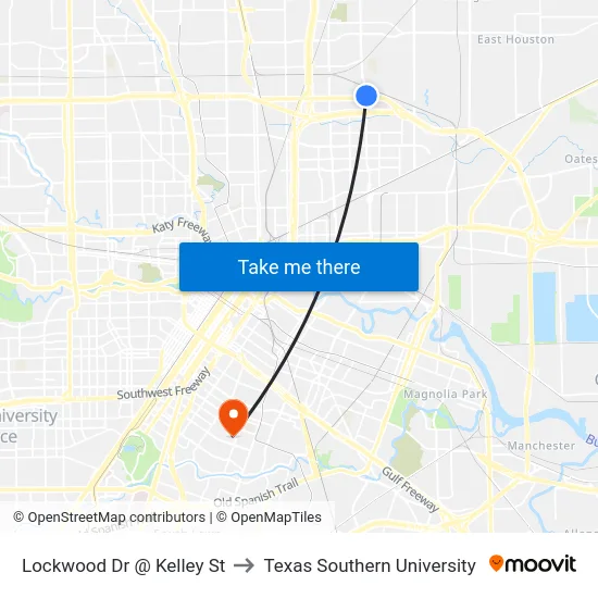 Lockwood Dr @ Kelley St to Texas Southern University map