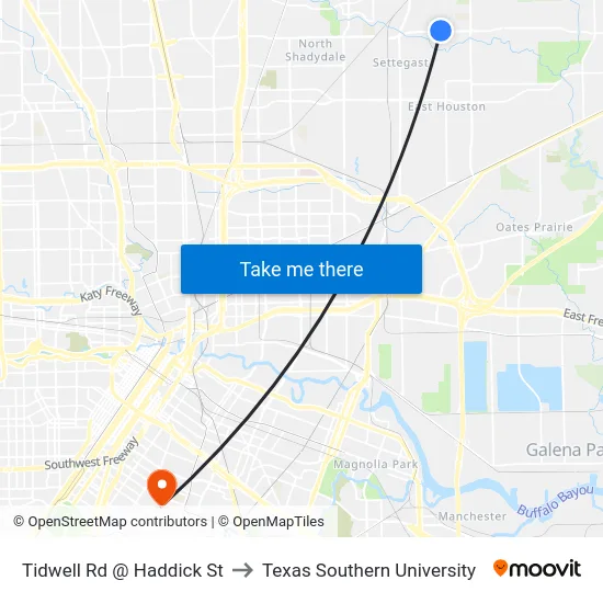 Tidwell Rd @ Haddick St to Texas Southern University map
