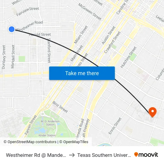 Westheimer Rd @ Mandell St to Texas Southern University map