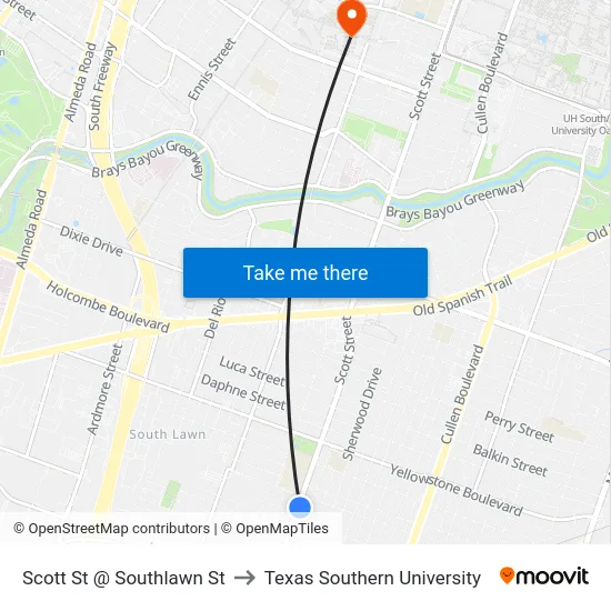 Scott St @ Southlawn St to Texas Southern University map