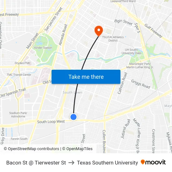 Bacon St @ Tierwester St to Texas Southern University map