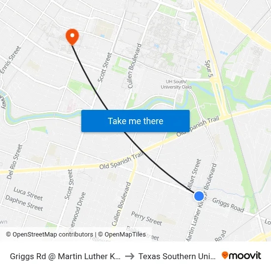 Griggs Rd @ Martin Luther King Blvd to Texas Southern University map