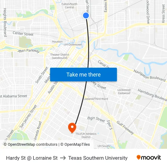 Hardy St @ Lorraine St to Texas Southern University map