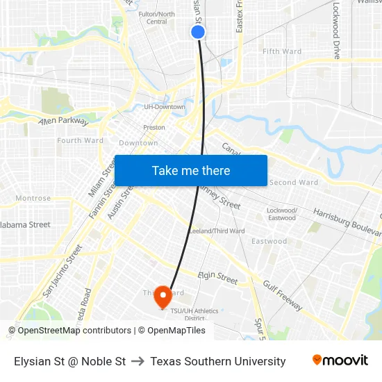 Elysian St @ Noble St to Texas Southern University map