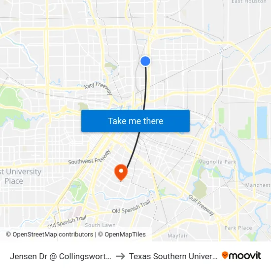 Jensen Dr @ Collingsworth St to Texas Southern University map