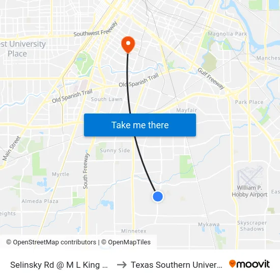 Selinsky Rd @ M L King Blvd to Texas Southern University map