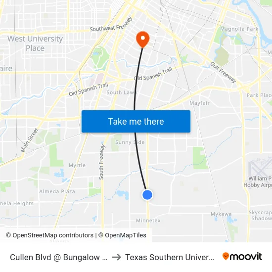 Cullen Blvd @ Bungalow Ln to Texas Southern University map